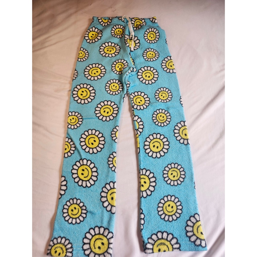 Smiley Face Daisy Fuzzy Pajama‎ Pants Blue Plush Fleece Lounge Bottoms Small